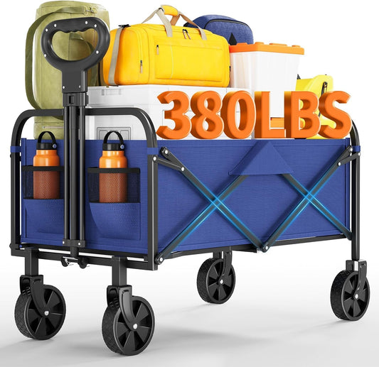 Foldable Wagon Cart, 380LBS Capacity Collapsible Wagon with All-Terrain Wheels, 220L Foldable Utility Cart & Grocery Cart on Wheels, Portable Lightweight 12LBS for Outdoor, Beach, Garden (Blue)