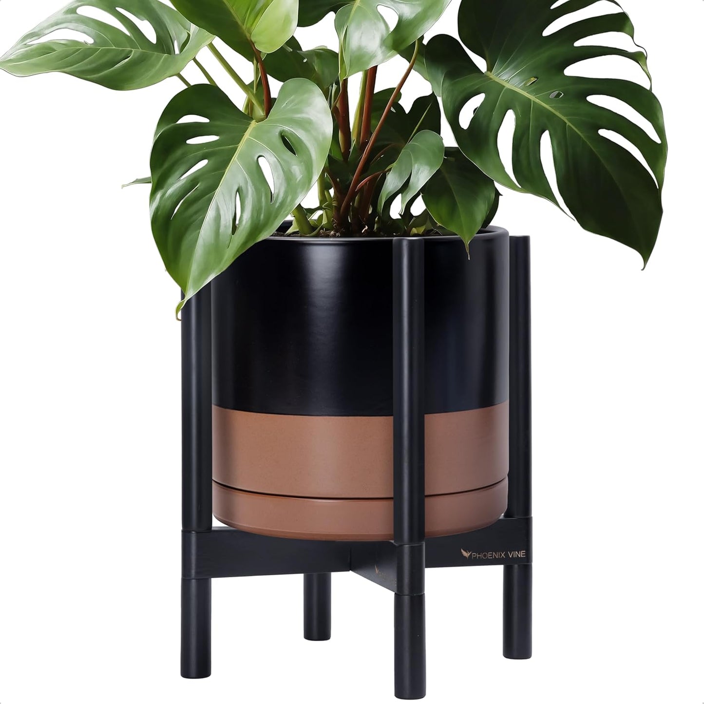 D'vine Dev Ceramic Planter with Ebony Stand - 12 Inch Modern Round Flower Pot with Wood Planter Holder, Black/Speckled Tan, 55-B-H-7