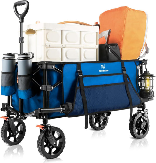 Navatiee 130L Collapsible Foldable Wagon With Wheels, Large Capacity Cart With Side Pocket and Brakes for Grocery Shopping, Garden and Outdoor Use, Blue