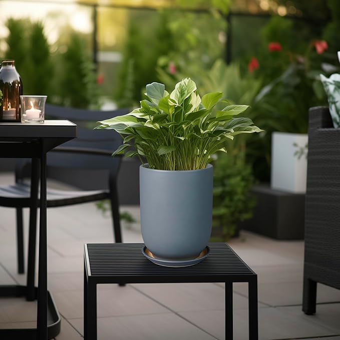 Ceramic Pot for Plants - 8 Inch Plant Pot for Indoor Plants Outdoor Ceramic Planter Large Flower Pot with Drainage Hole and Saucer for Home Garden Decor Gray