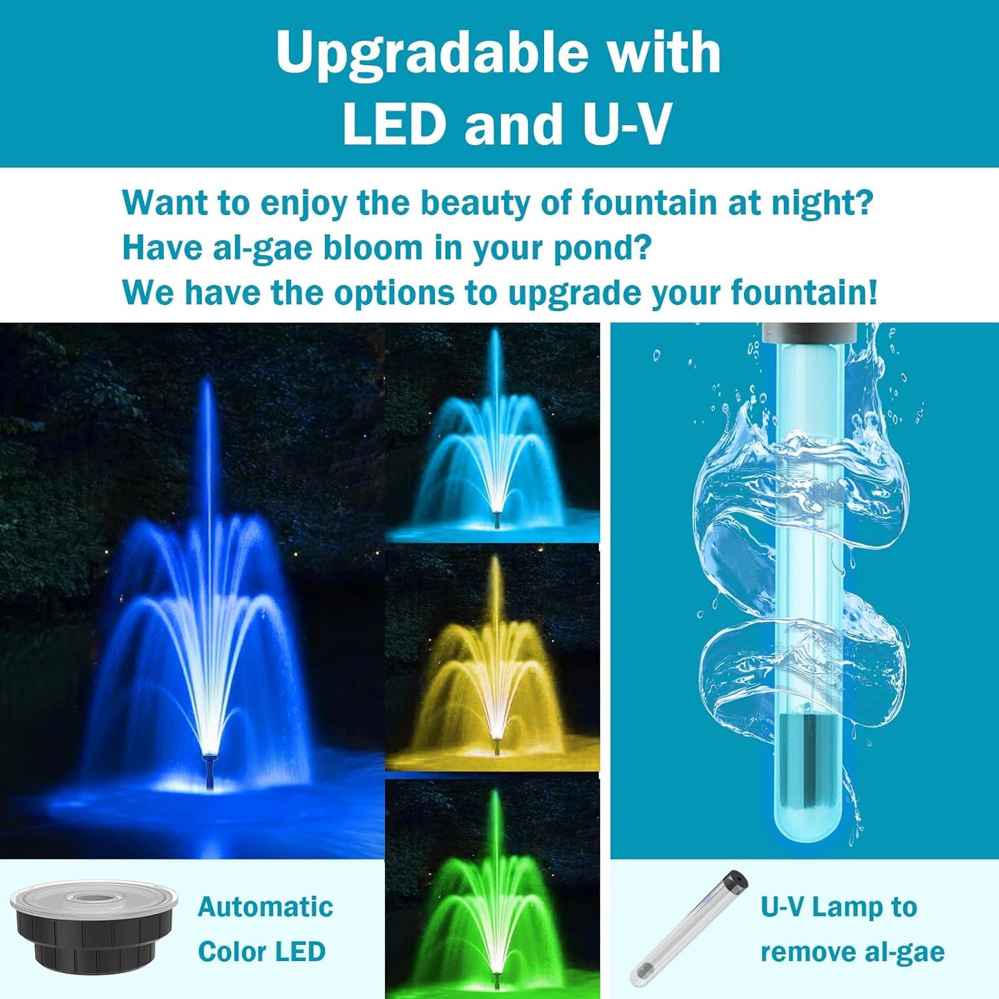 All-in-One Koi Pond Pumps for Outdoor Ponds 500-750 Gal, 850GPH Pond Fountain Kit with 3 Spray Patterns, Pond Filter Fountain Pump for Garden, Water Feature, Upgradeable for LED & U - V Lamp