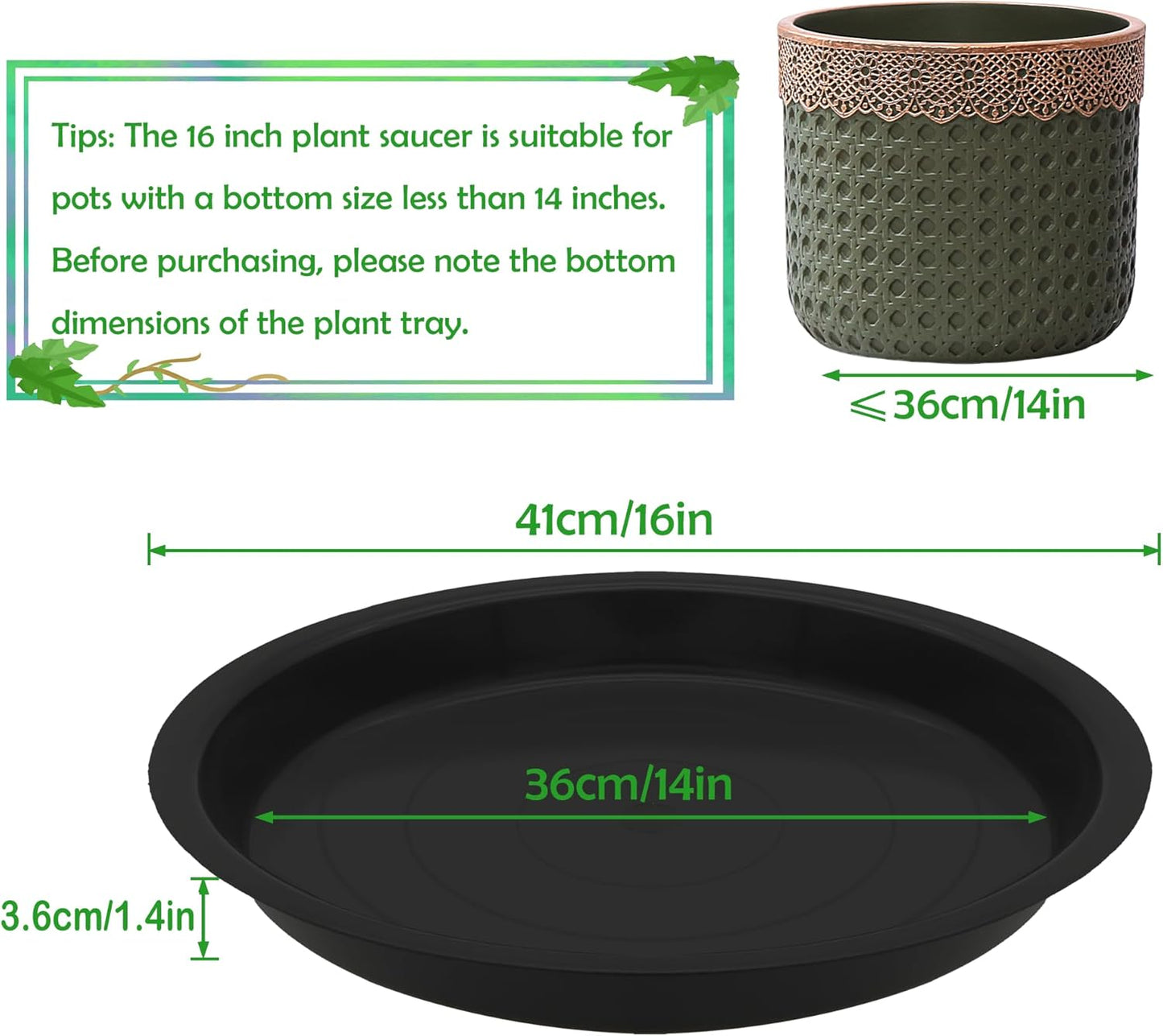 8 Pack 16 Inch Round Plant Saucers for Less 14Inch Pot Indoors Outdoors Plant Trays for Pots Planter Saucer Plastic Plant Drip Tray Flower Planter Water Tray for Potted Plants(Black, 16"(8pcs))