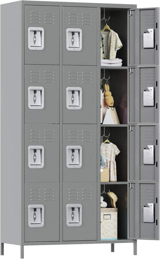 METAN Metal Storage Locker for School Office Gym Bedroom, 12 Doors Locker Cabinet for Employees, Industrial Steel Storage Locker with 12 Hooks, Assembly Required (12 Door-Light Gray)