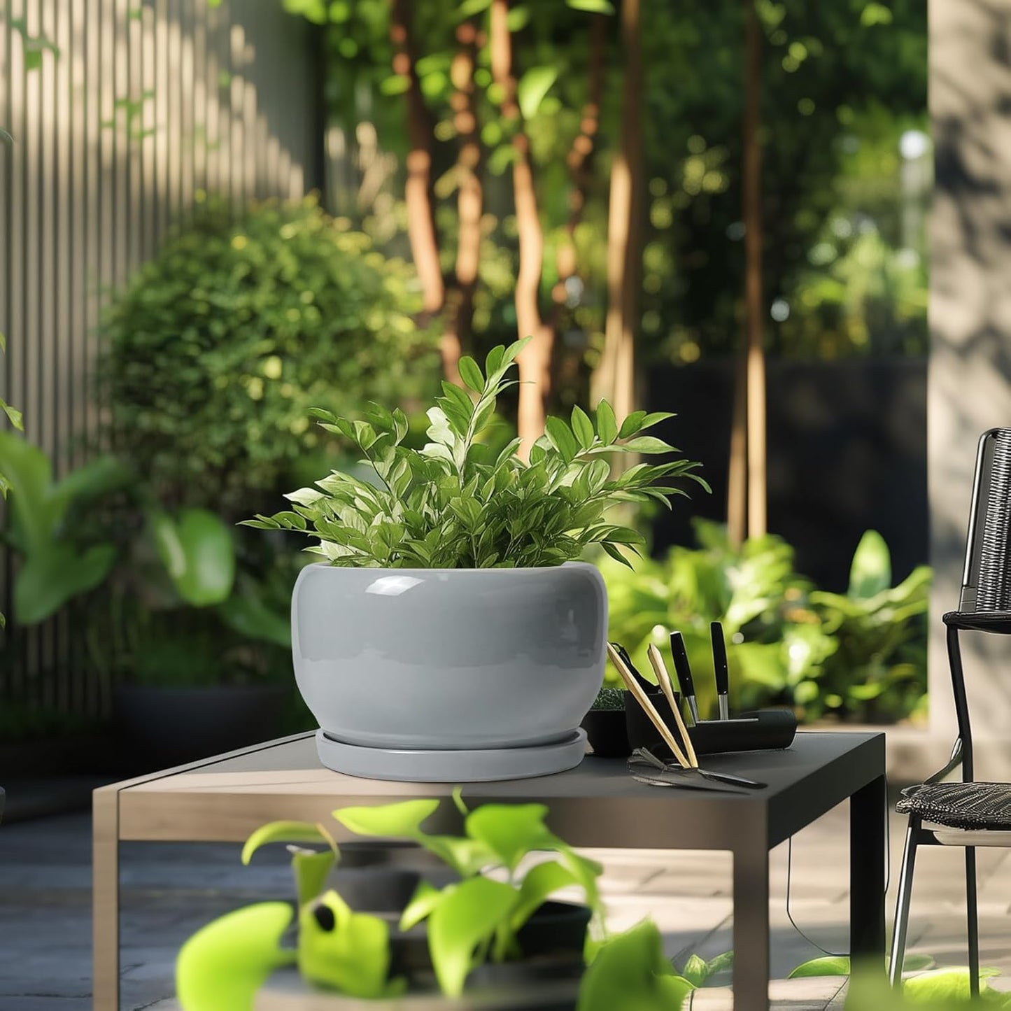 SQOWL 10 Inch Plant Pot - Ceramic Planter for Indoor Plants, Round Ceramic Flower Pot with Drainage Hole and Saucer, Modern Large Outdoor Planter, Room Decor, Housewarming Gifts, Gray