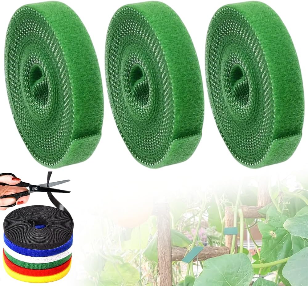 Reusable Plant Ties Tape for Climbing Plants, Garden Ties Tomato Plant Supports, Adjustable Garden Twine & Twist Ties Plant Ties for Outdoor Indoor Plants Stakes Gardening Supplies (Green, 3 Rolls)