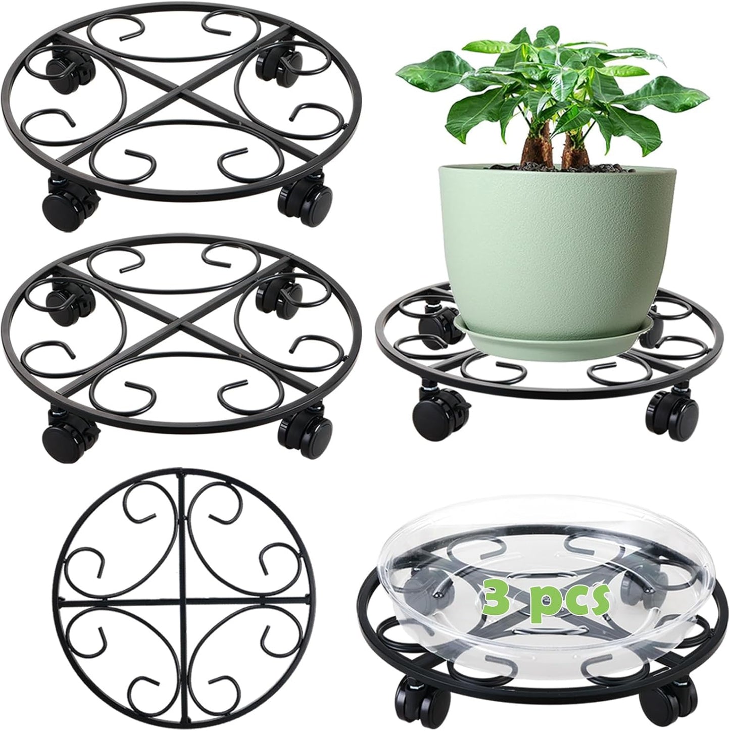 3 Packs 12" Metal Plant Caddy with Wheels Large Rolling Plant Stands Indoor Wheeled Plant Dolly Heavy-duty Pot Mover Roller Base Outdoor Plant Trolley Cart with Casters Water-proof Dust-proof, Black