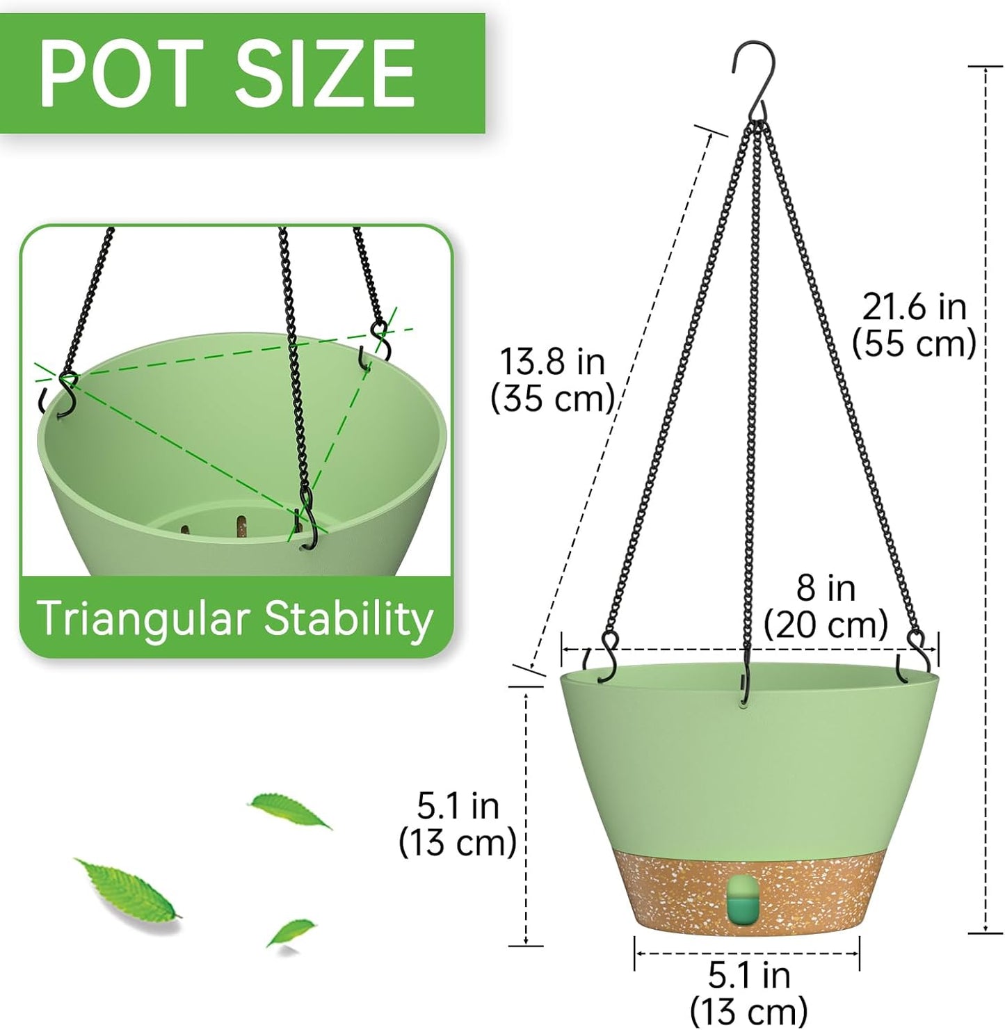 ZMTECH 8 Inch Hanging Planters for Indoor Plants, Hanging Baskets for Plants Outdoor with Visible Water Level, Hanging Flower Pots with Drainage Holes & Removable Tray(2 Pack, Green)