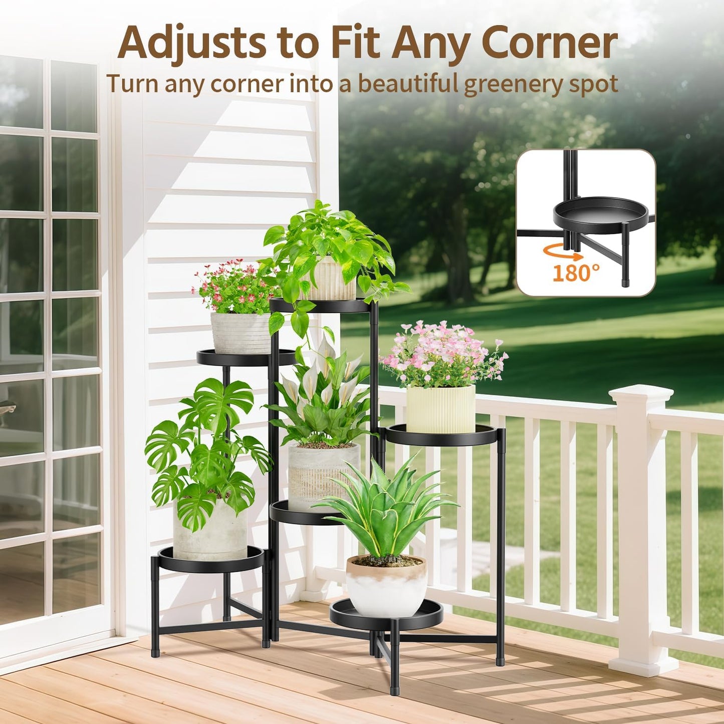 LASZOLA 6 Tiered Folding Plant Stand Indoor for Multiple Large Planter, Tall Heavy Duty Adjustable Rack with Rust Proof 10 Inch Wide Tray, Sturdy Vertical Tree Organizer for Narrow Inside Floor, Black