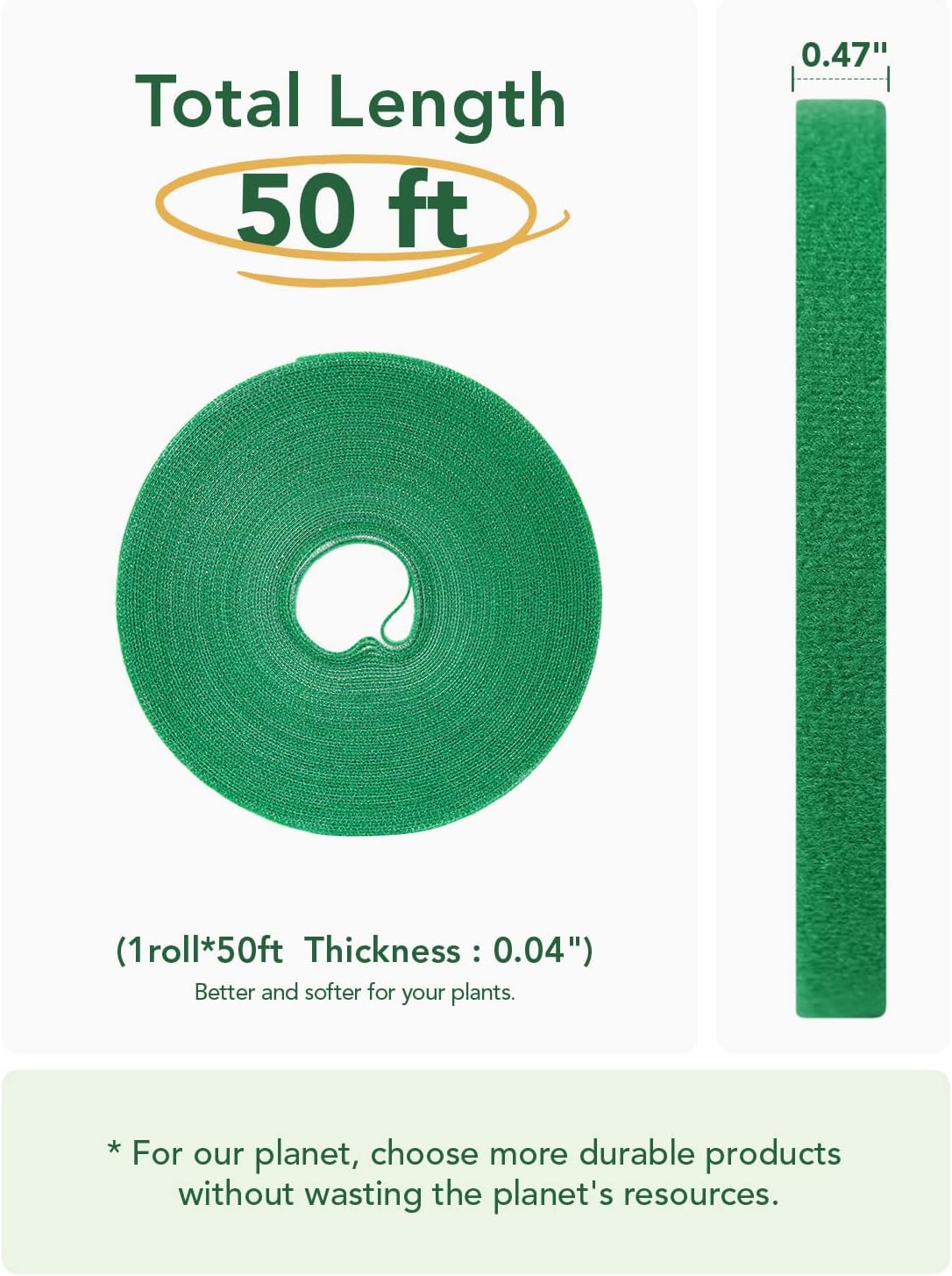 LE TAUCI Plant Ties, Garden Tape for Plant, Reusable Adjustable Thicker Support for Growing, Strong Grip, Tomato Vines Indoor Outdoor, 50 ft x 0.47 Inch, 1 roll, Green