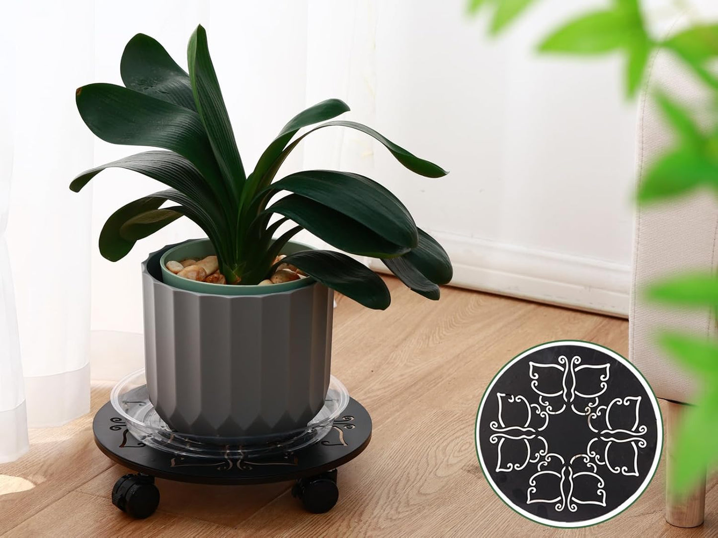 2 Packs 14 inches Large Metal Plant Caddy with Wheels Round Planter Dolly Pot Mover Rollers Wrought Iron Rolling Plant Stands Indoor Outdoor Wheeled Plant Holder Coaster Trolley, Butterfly, Black