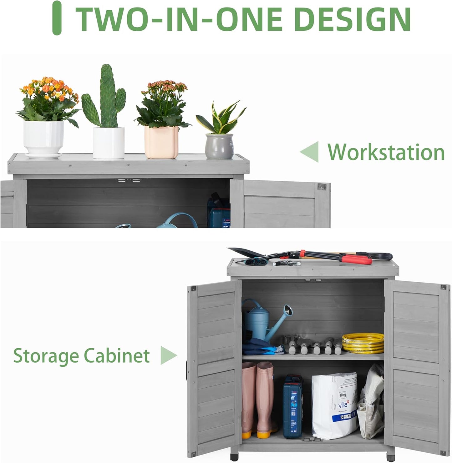 Potting Bench with Storage Cabinet and Metal Table Top for Outdoor Patio, Garden Furniture Wood Workstation