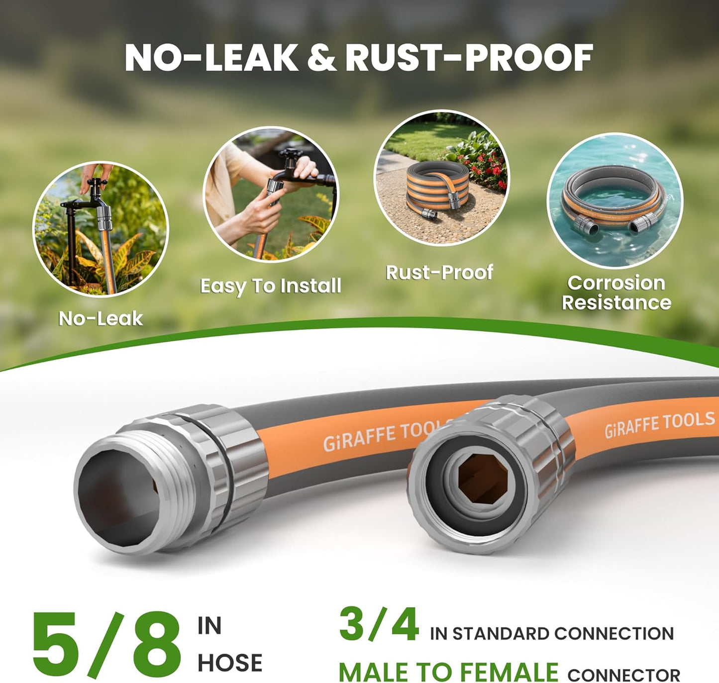 Giraffe Tools Garden Hose 100FT, 5/8" Lightweight Lay Flat Water Hose, Custom Length, Flexible, Leakproof Hybrid Hose Pipe with Male to Female Fitting