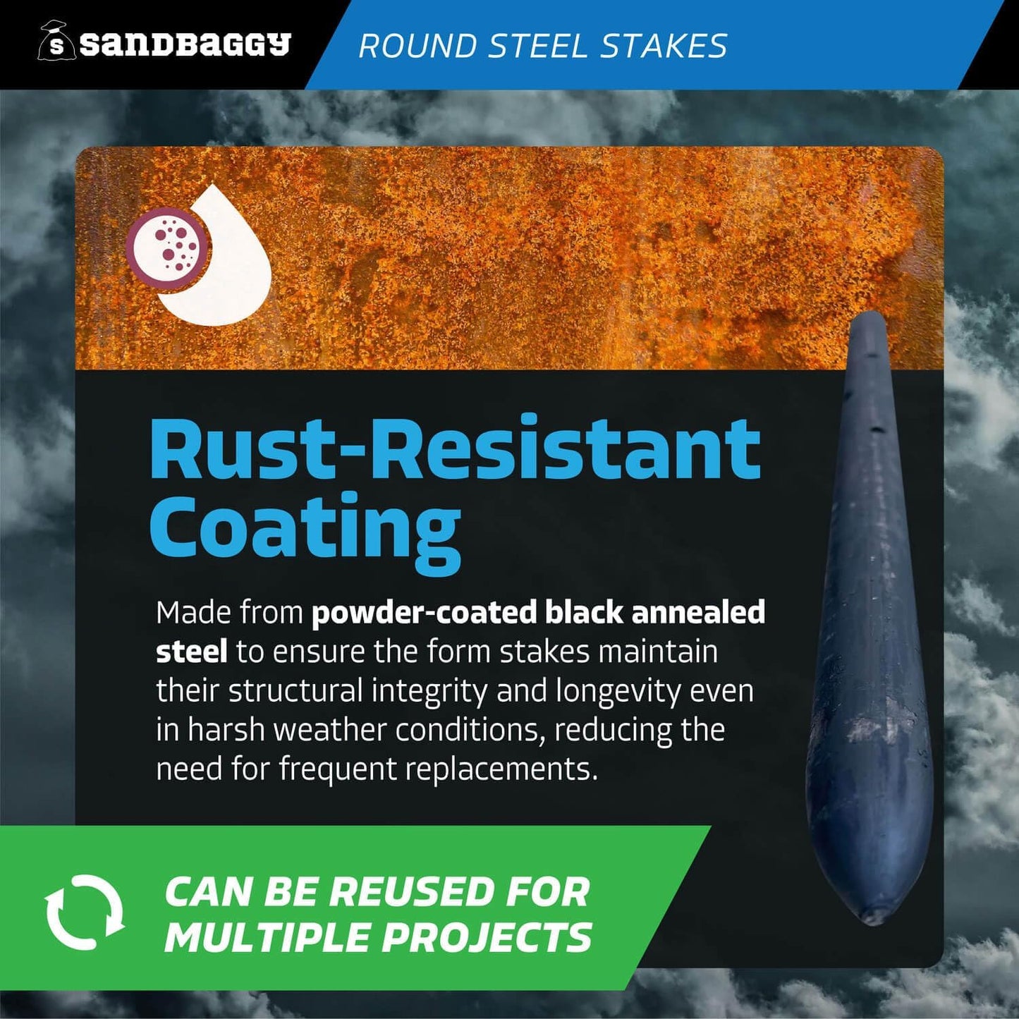 Sandbaggy Round Steel Concrete Form Stakes with Nail Holes - Rust Resistant Coating - Removable, Reusable (40, 3/4 in X 12 in)