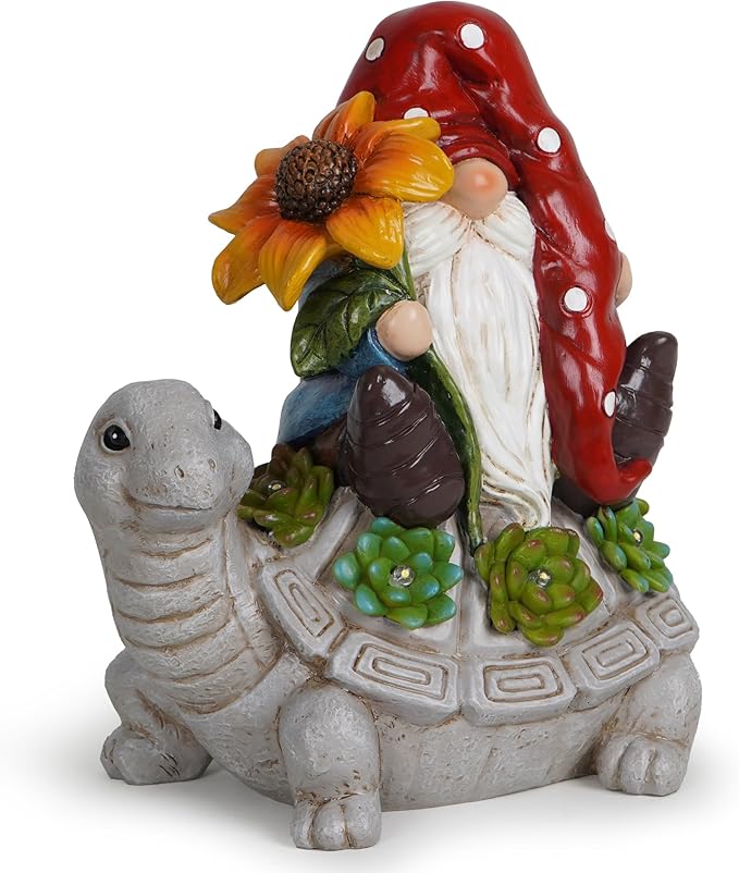 Hodao Patio Garden Theme Solar Gnome & Turtle Sculpture Statue - Lawn, Deck, Balcony, Patio Spring/Summer Decorations - Creative Housewarming Gifts