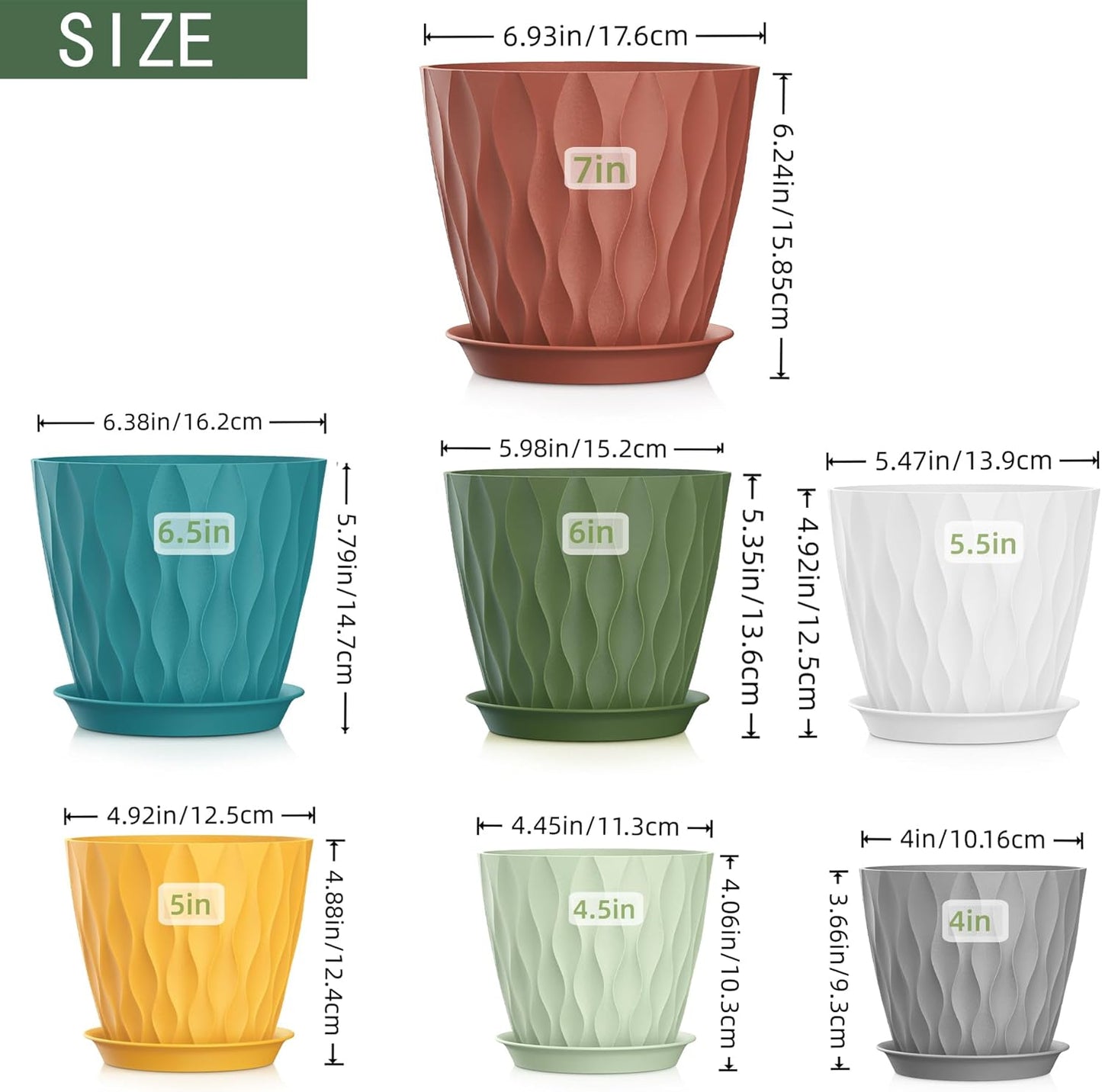 4/4.5/5/5.5/6/6.5/7 Inch Plant Pots,7 Pack Flower Pots with Drainage Holes and Trays,Plastic Planters for Indoor Outdoor Plants Growth,Multicolor