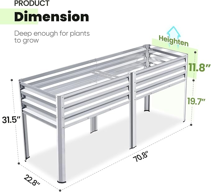 KING BIRD Raised Garden Bed with Legs Galvanized Large Elevated Planter Box for Backyard, Patio, Balcony, 600lb Capacity, Silver 70.9x22.8x31.5 in