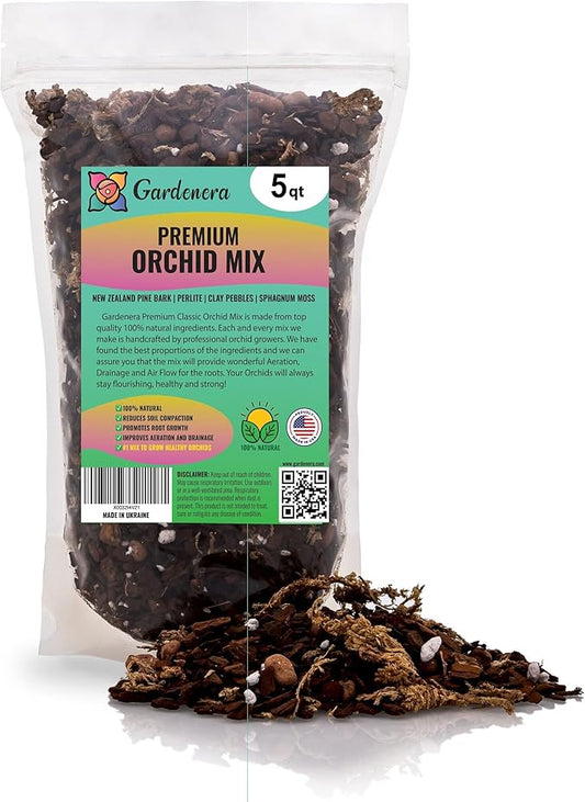 Premium Orchid Soil Mix by Gardenera - Hand Mixed New Zealand Pinus Radiata 100% Natural Potting Soil Bark Mix - for Phalaenopsis Orchid - 5 Quart - Made in USA