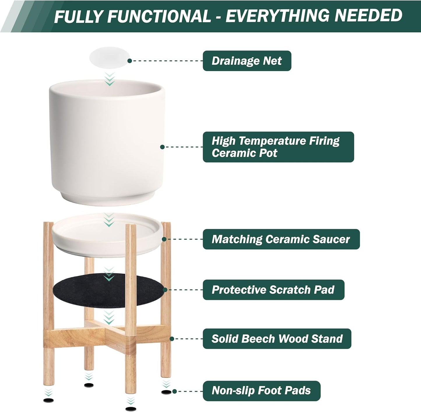 D'vine Dev Ceramic Planter with Natural Stand - 8 Inch Modern Round Flower Pot with Wood Planter Holder, Oatmeal, 55-B-N-8