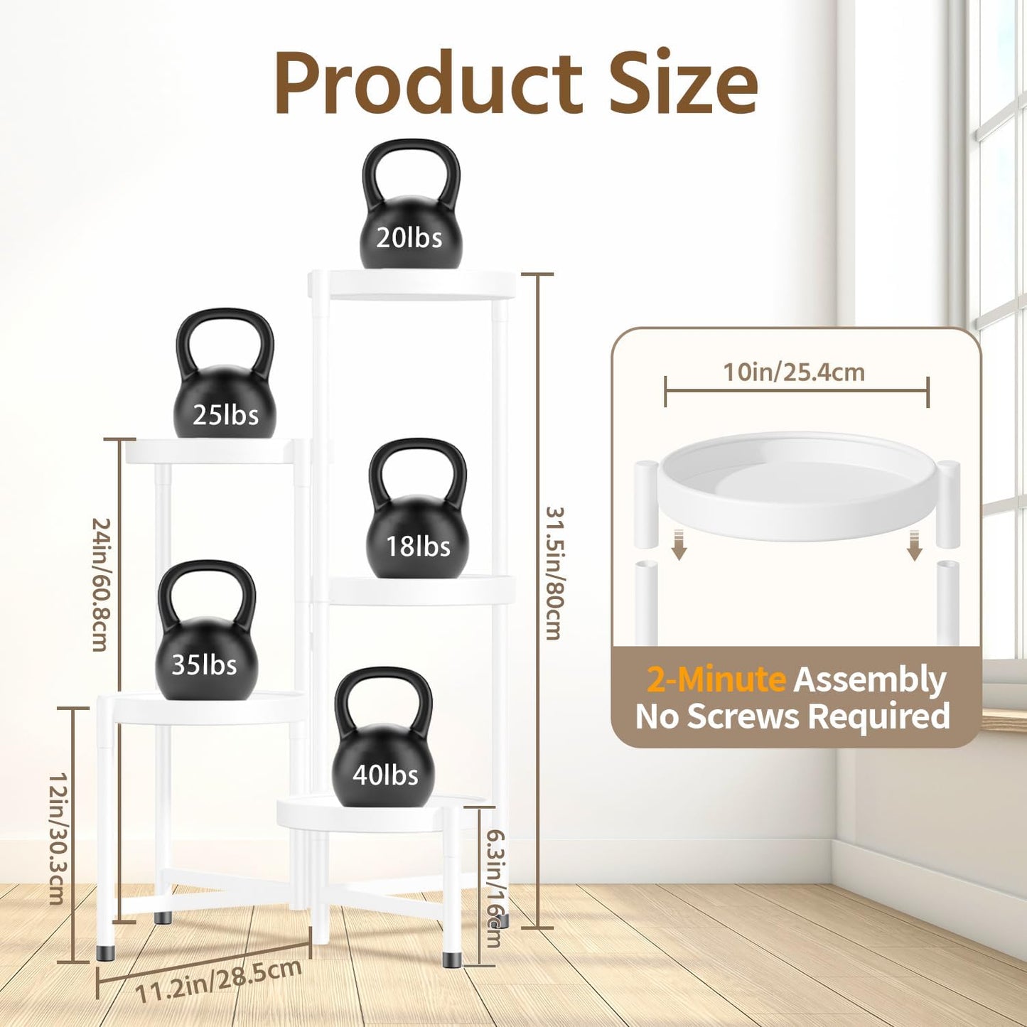LASZOLA 5 Tiered Folding Plant Stand Indoor for Multiple Large Planter, Tall Heavy Duty Adjustable Rack with Rust Proof 10 Inch Wide Tray, Sturdy Vertical Tree Organizer for Narrow Inside Floor, White