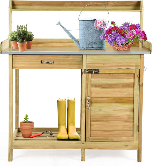 S AFSTAR Outdoor Potting Bench Table, Wooden Garden Work Station with Drawer, Storage Cabinet, Open Shelf, Side Hooks, Metal Tabletop Gardening Workbench, Potting Benches for Outside Backyard Balcony