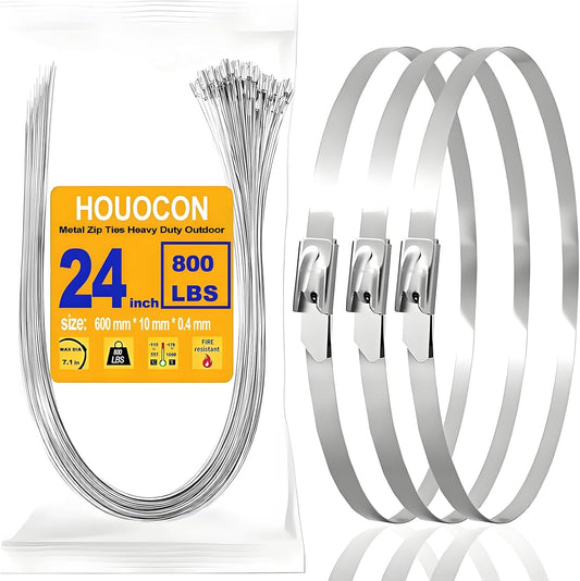 Metal Zip Ties Heavy Duty Outdoor, 800 Lbs 24 Inch Stainless Steel Zip Ties, 40 Pcs Self-Locking Metal Cable Ties, Strength, Ideal for Exhaust Wrap, Cables, Farms, Pipes, Roofs and Outdoor Fence