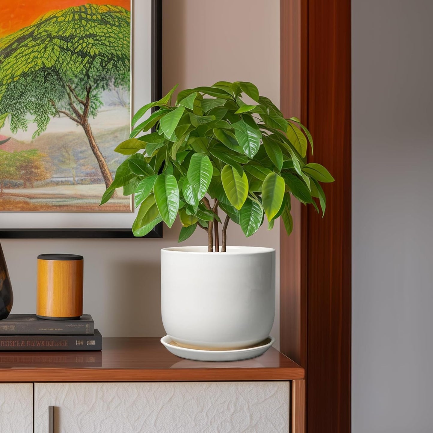 Ceramic Plant Pot - Modern 8 Inch Round Planter for Indoor Outdoor Plants with Drainage Hole and Saucer, Home House Room Office Decor, White