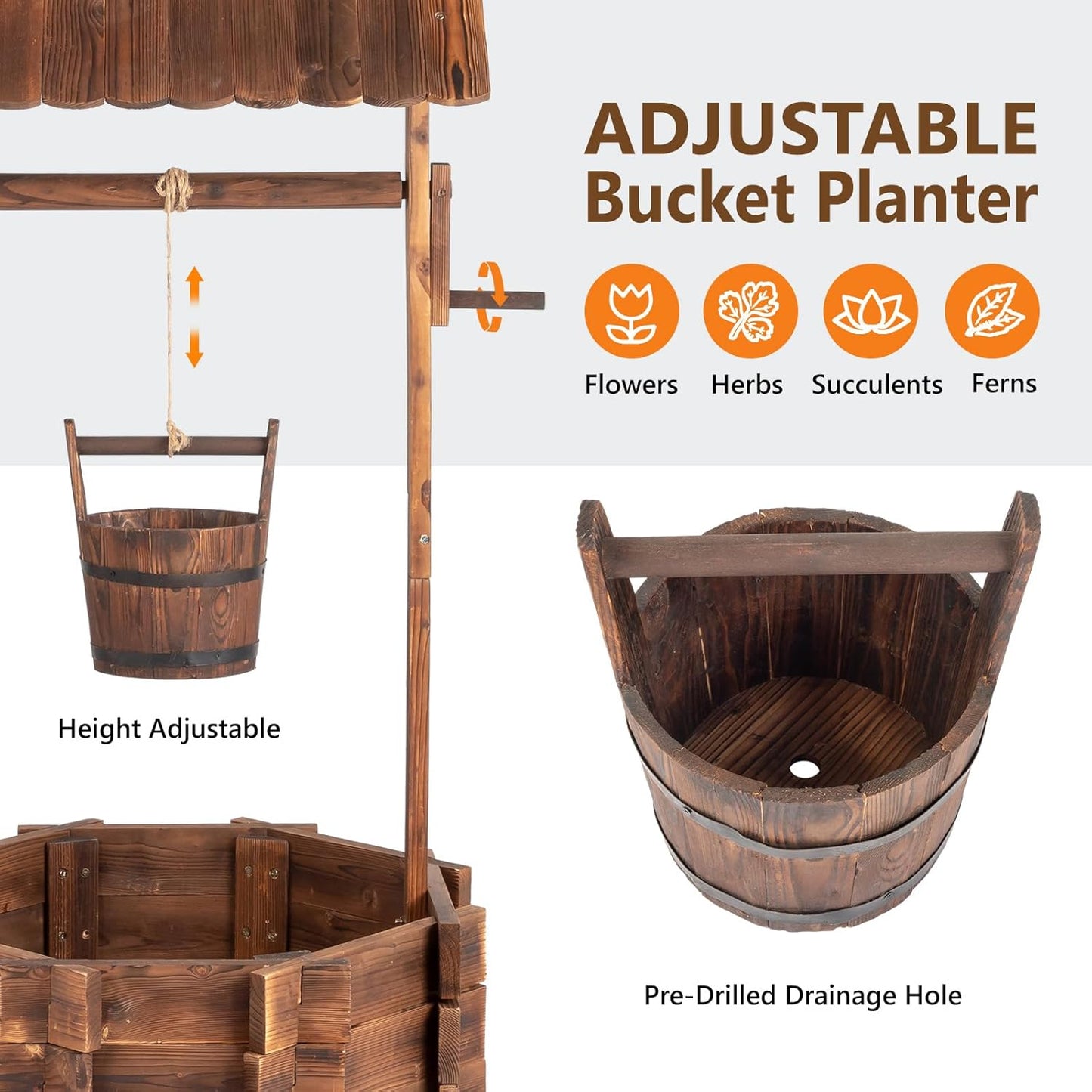 VINGLI Wooden Wishing Well Outdoor Planters, Well Covers for Yard with 2 Reinforced Rods, Height Adjustable Hanging Bucket, Rustic Flower Pot Home Decor for Outside Patio Garden