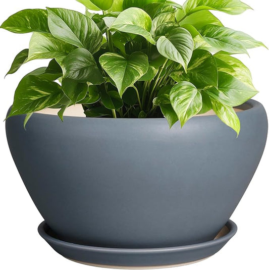 Ceramic Pots for Plants - 9 Inch Planter for Outdoor Plants Large Plant Pot Indoor with Drainage Hole and Saucer Decorative Modern Flower Pot for Home Garden Decor Gray