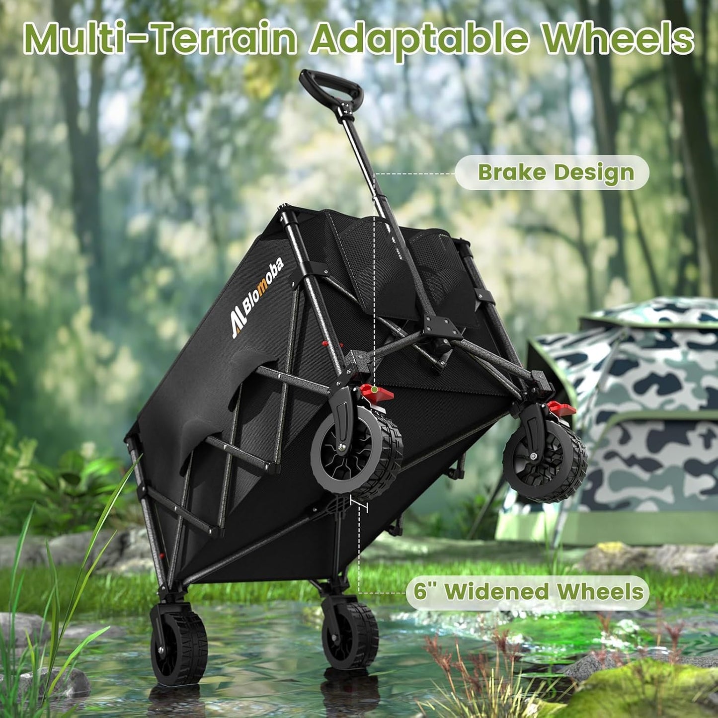 Collapsible Wagon Cart, 150L Heavy Duty Foldable Beach Wagon with Wider Wheels & Auto-Rebound Handle, Utility Grocery Shopping Cart for Garden, Shopping, Camping, Sports, Black