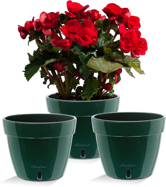 Santino ASTI 7.1 Inch Self Watering Planters Green/Black (Set of 3) for Indoor Plants - Premium Quality Modern Plastic Pot w/Water Level Indicator for All House Plants, African Violets and Dahlias
