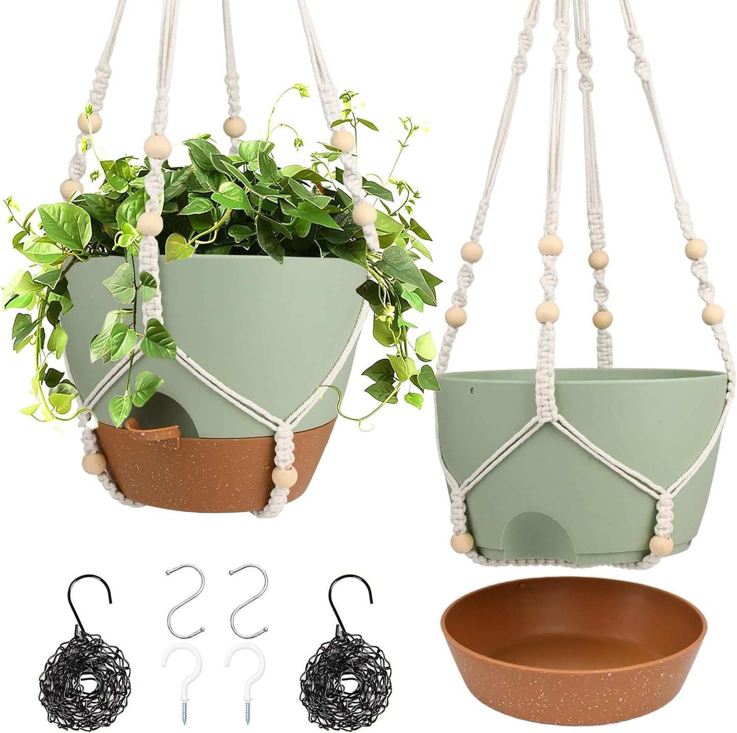 Hanging Planters for Indoor Outdoor Plants, 2 Pack Self Watering Hanging Pot with Drainage Holes, Removable Tray & 2 Kinds of Plant Hangers, 10'' Hanging Flower Pots for Home Garden Decor, Green