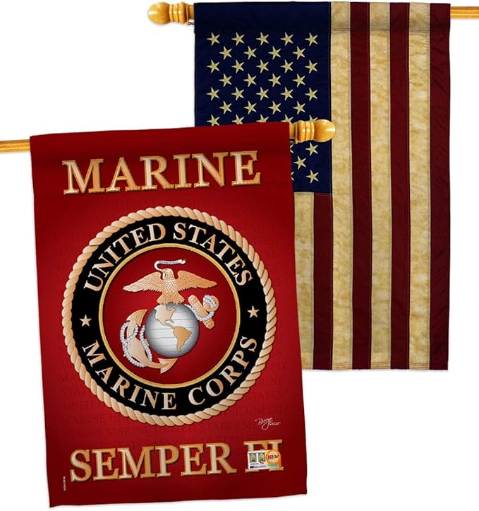 Marine Corps House Flag - Pack Armed Forces USMC Semper Fi United State American Military Veteran Retire Official USA Vintage Applique - Banner Small Garden Yard Gift Double-Sided Made In 28 X 40