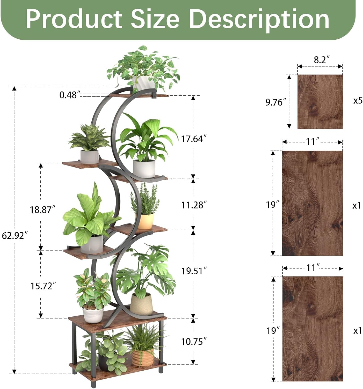 Plant Stand Indoor with Grow Lights, 65 inch Tall Plant Shelf for Multiple Plants, 7 Tiered Metal Plant Stands Indoor, for Living Room, Corners Patio Balcony or Office (Rustic Brown)
