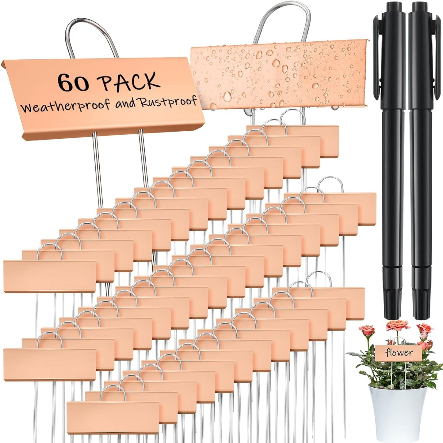 Maitys 60 Pcs Metal Garden Markers Plant Label Stakes Outdoor Weatherproof 10.6 Inch Stainless Steel Nursery Tags Bulk with 2 Pcs Pens (Rose Gold Label with Black Ink)
