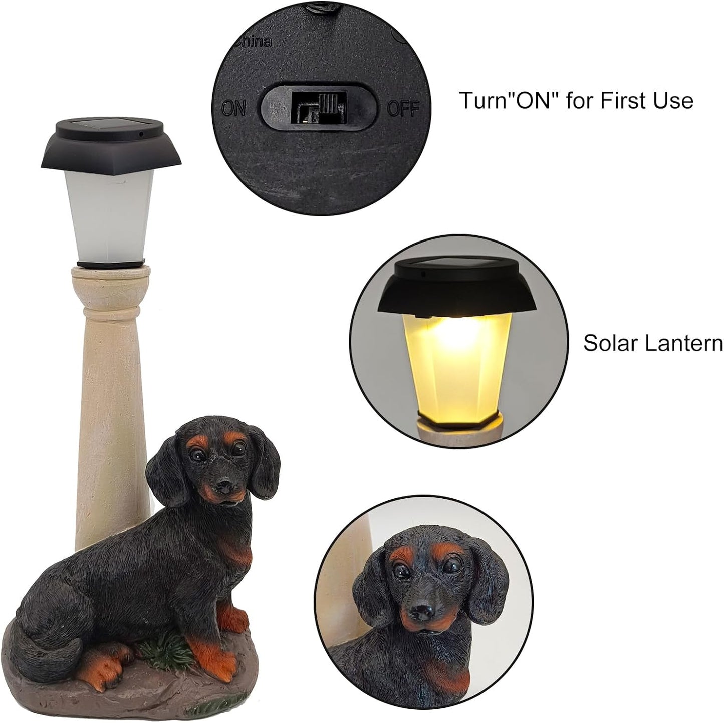 BAYN Solar Dog Garden Statues with Lantern, Resin Dachshund Sculpture with Warm White Light for Outside Lawn Porch Patio