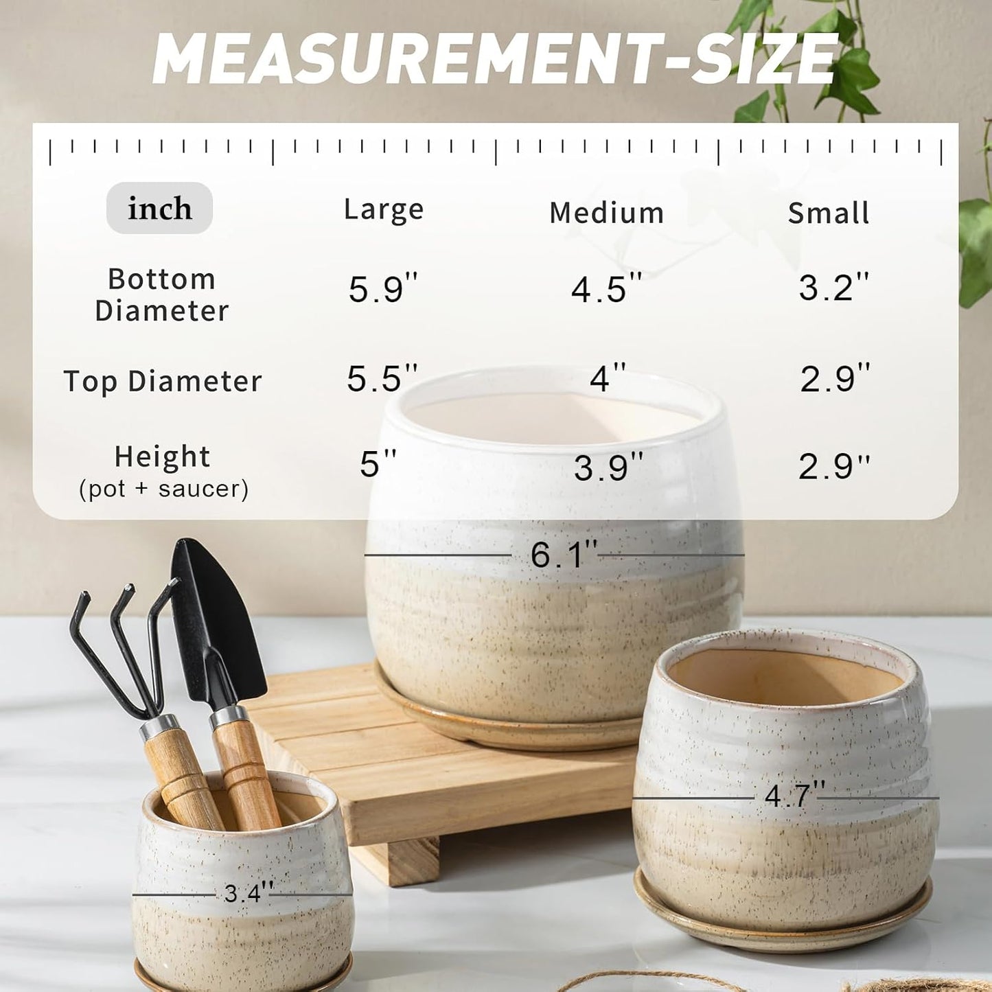 3 Pack Ceramic Small Plant Pots Planters for Indoor Flowers Plants with Drainage Holes & Saucer, Cactus Succulent, Home Decor, 3.4+4.7+6.1 Inch Flower Pot Set of 3, White