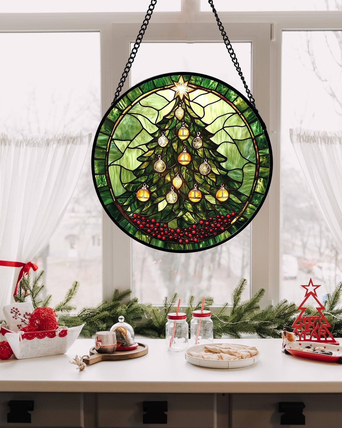Stained Glass Window Hanging - Green Christmas Tree Golden Bells Suncatcher for Doors Home Christmas Decoration Sun Catcher Thanksgiving New Year Birthday Gift for Women Men Mom Nana 7.8 in