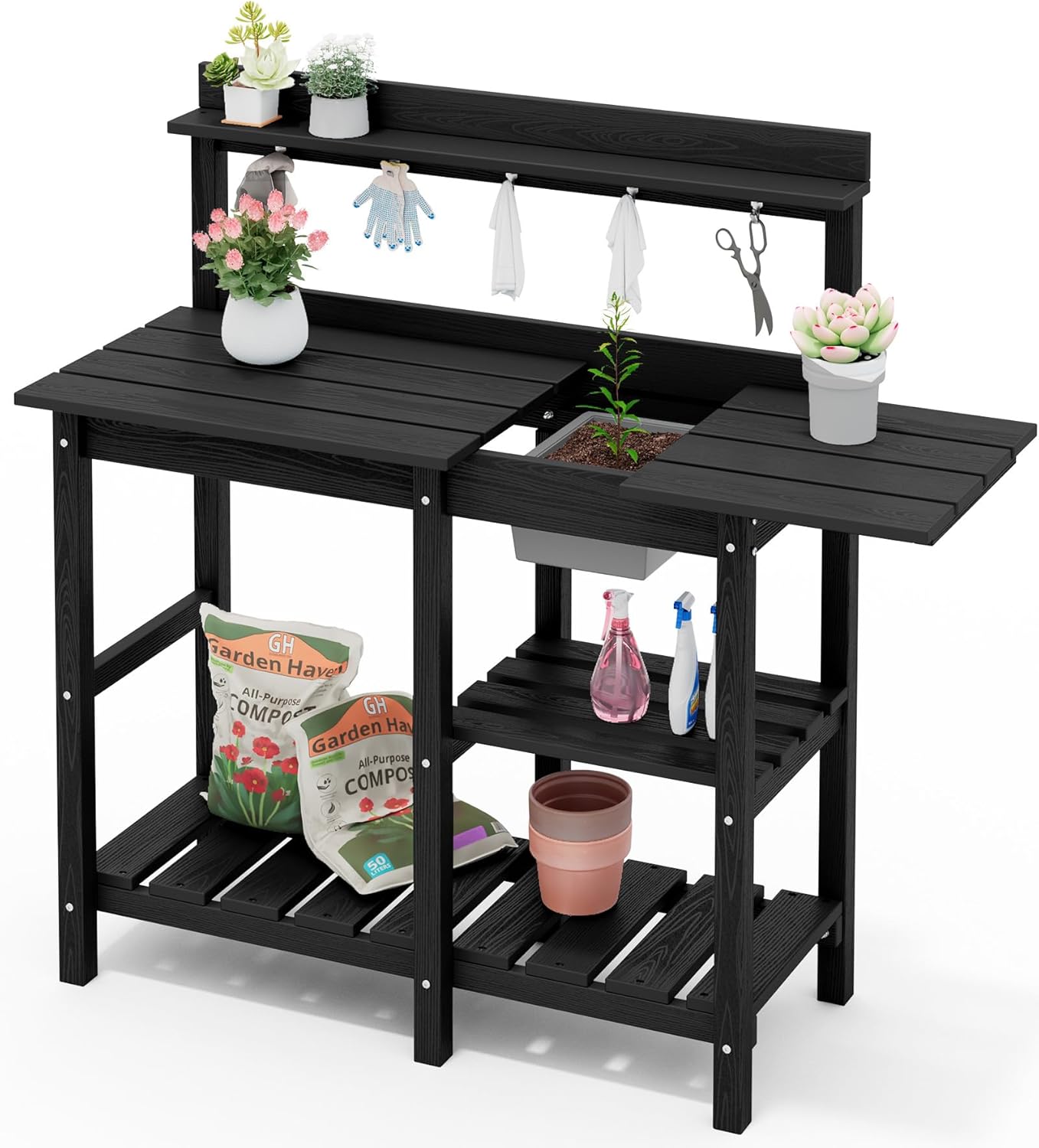 SERWALL Outdoor Potting Bench Potting Table with Sink, HDPE Potting Benches with Storage for Outside Gardening Table All Weather Use- Black