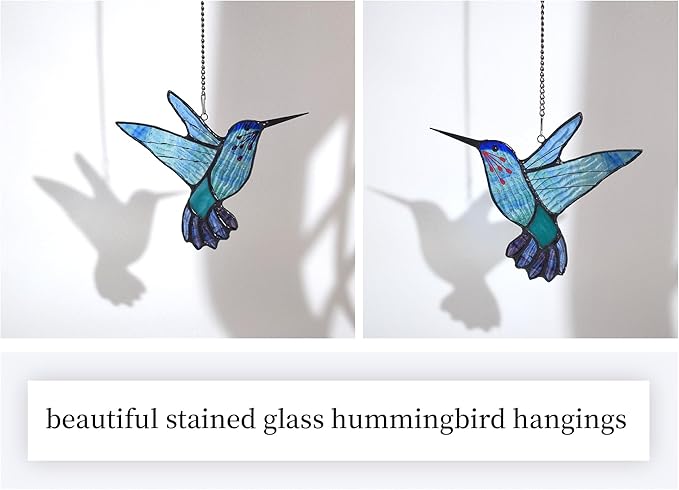 Lolitarcrafts Stained Glass Hummingbird Window Hangings with Flowers, Bird Stained Glass Suncatcher for Window Decor Hummingbird Gifts for Mom,Bird Lovers (Blue A)
