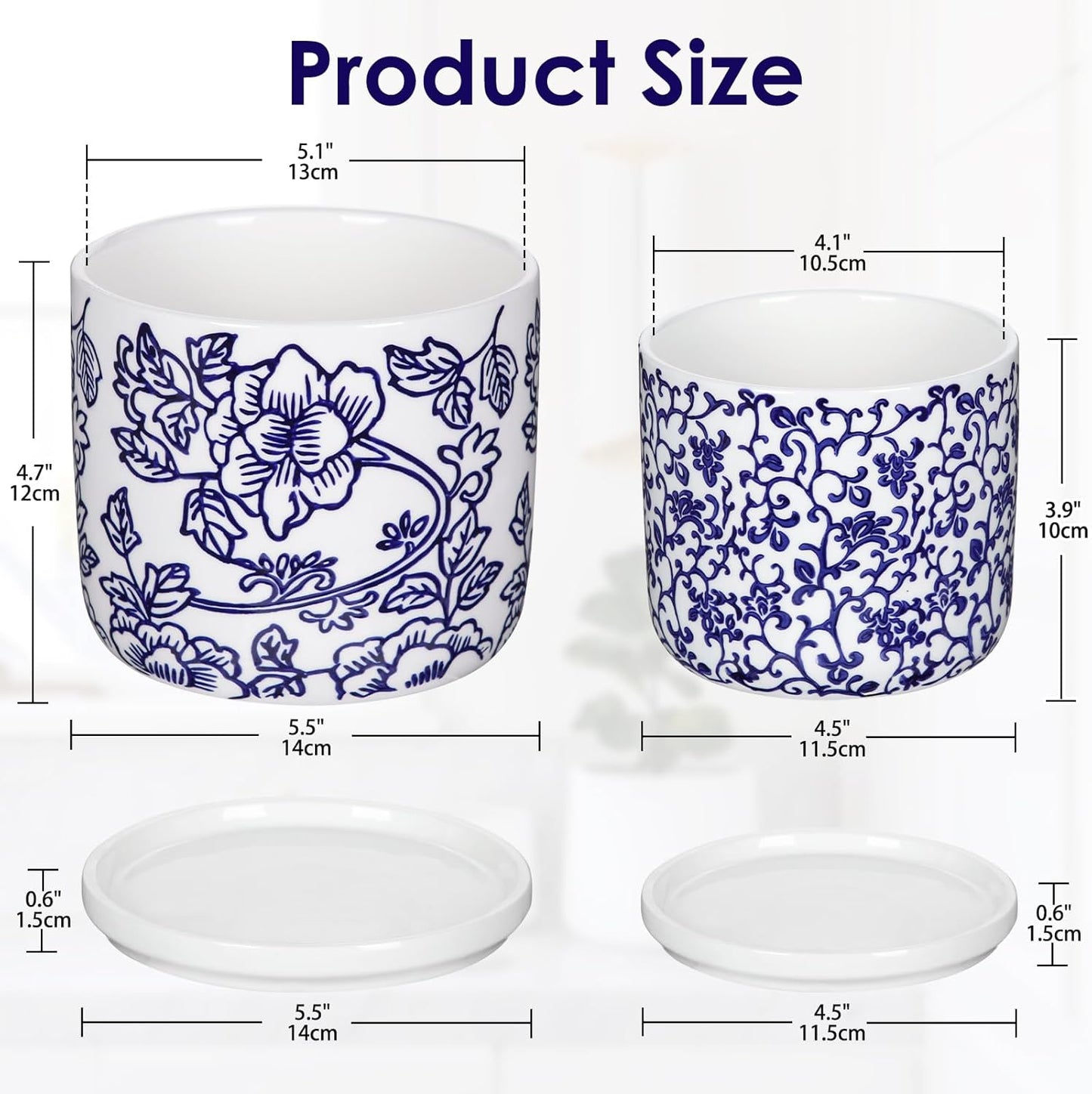 Set of 2 Blue and White Ceramic Plant Pots with Drainage Hole and Saucers, Retro Blue Porcelain Vase Round Planters for Succulent Cactus Indoor Outdoor Garden Home Desktop Decor, 4.5+5.5 Inch