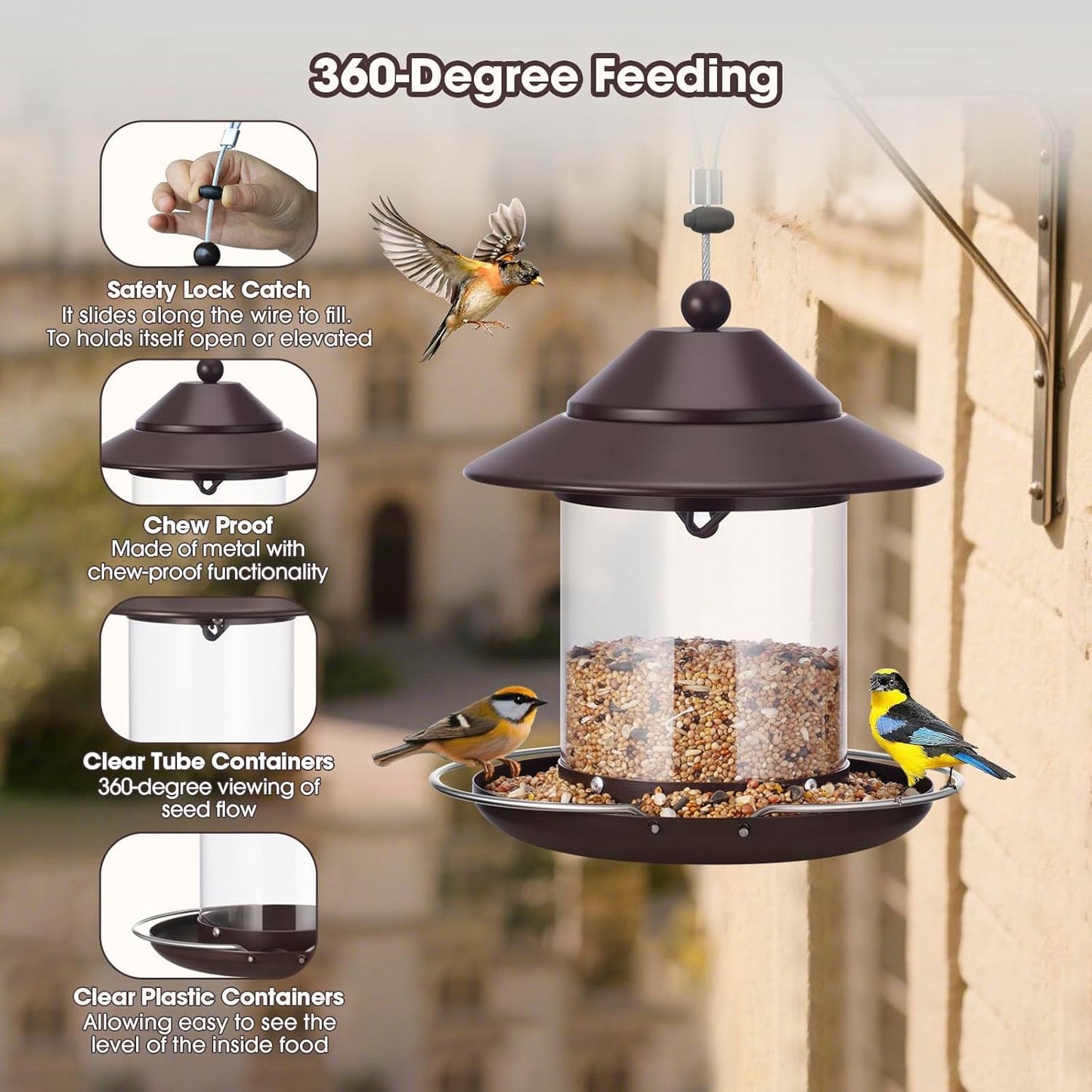 Bird Feeders for Outdoors, Hanging Metal Roof Bird Feeder with 2LB Clear Tube Seed Capacity for Viewing Cardinal Finch, Wild Birdfeeders for Outside Garden Yard Decoration