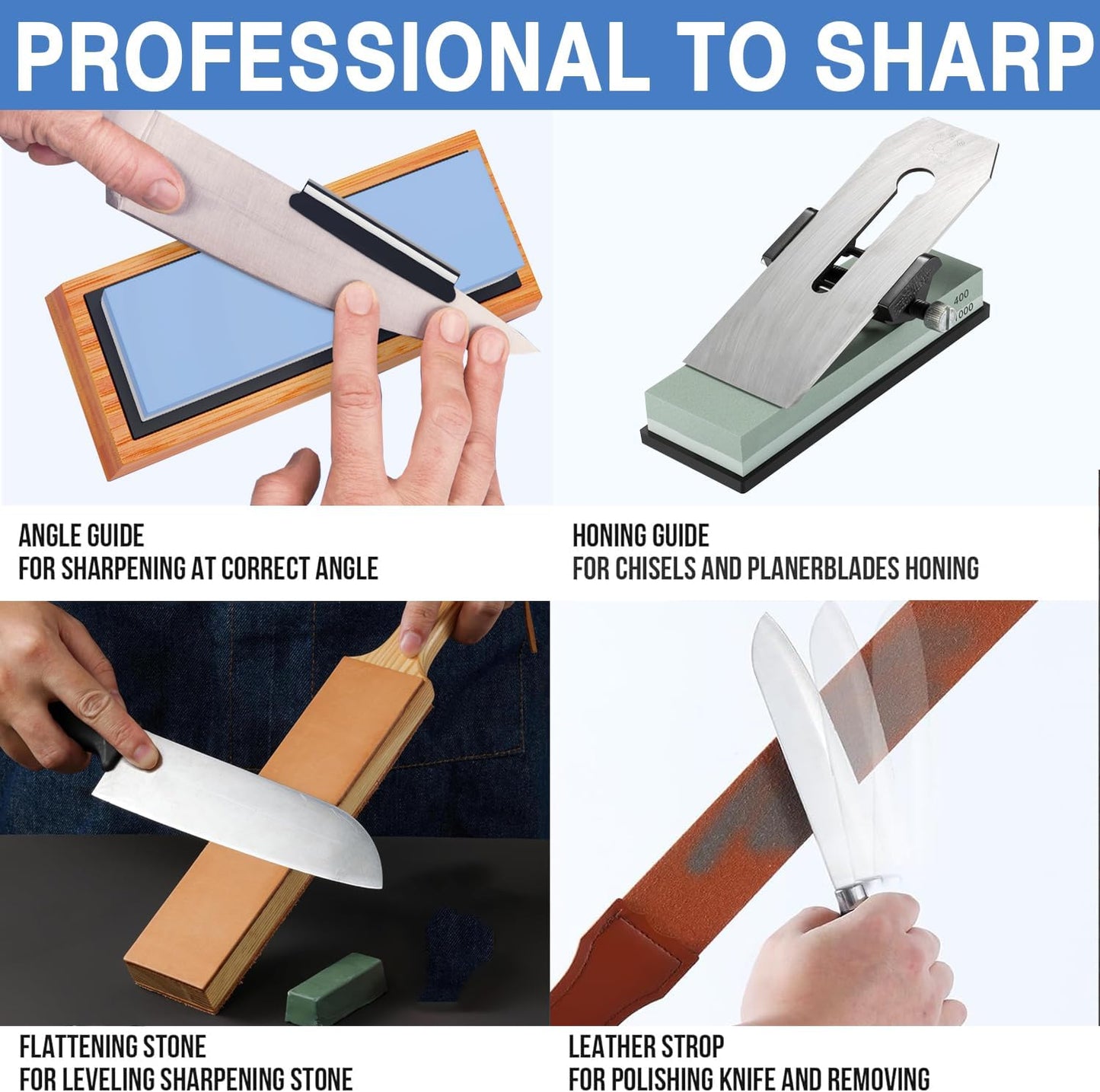 Knife Sharpening Stone Kit - Whetstone Dual Grit 400/1000 3000/8000 Premium Sharpener Set with Leather Strop, Flattening Stone, Honing Guide, Bamboo Base, Angle Guide, Cut Resistant Gloves