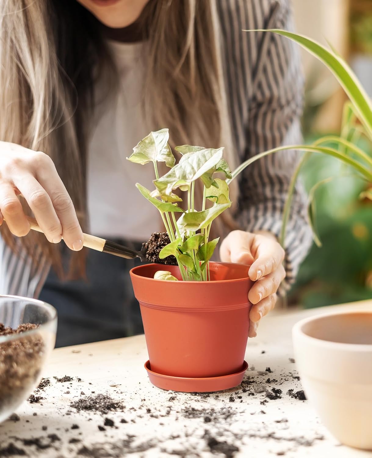 homenote Plant Pots,6 Inch Flower Pots for Plants Plastic Planters for Indoor with Multiple Drainage Holes and Trays, for All Home Garden Flowers Succulents,Outdoor(White&Red,16 Pack)
