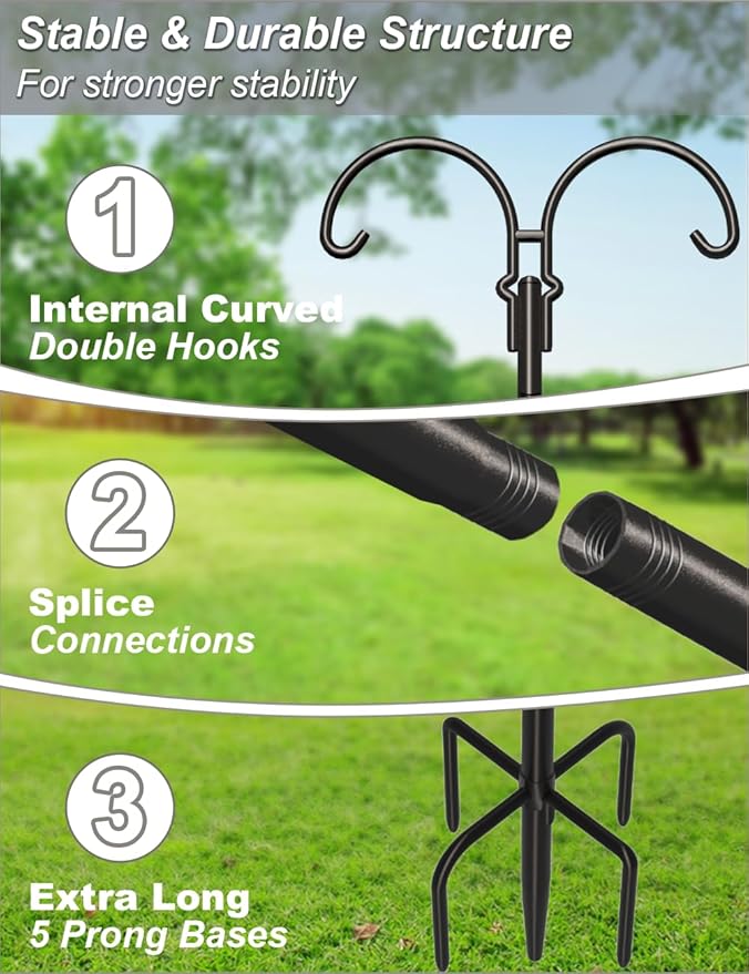 Outdoor Double Shepherds Hook with 5 Prong Base, 76 Inch Adjustable Heavy Duty Two Sided Bird Feeder Pole Stand for Hanging Plant Baskets, Solar Light Lanterns, Hummingbird Feeder, 2 Pack