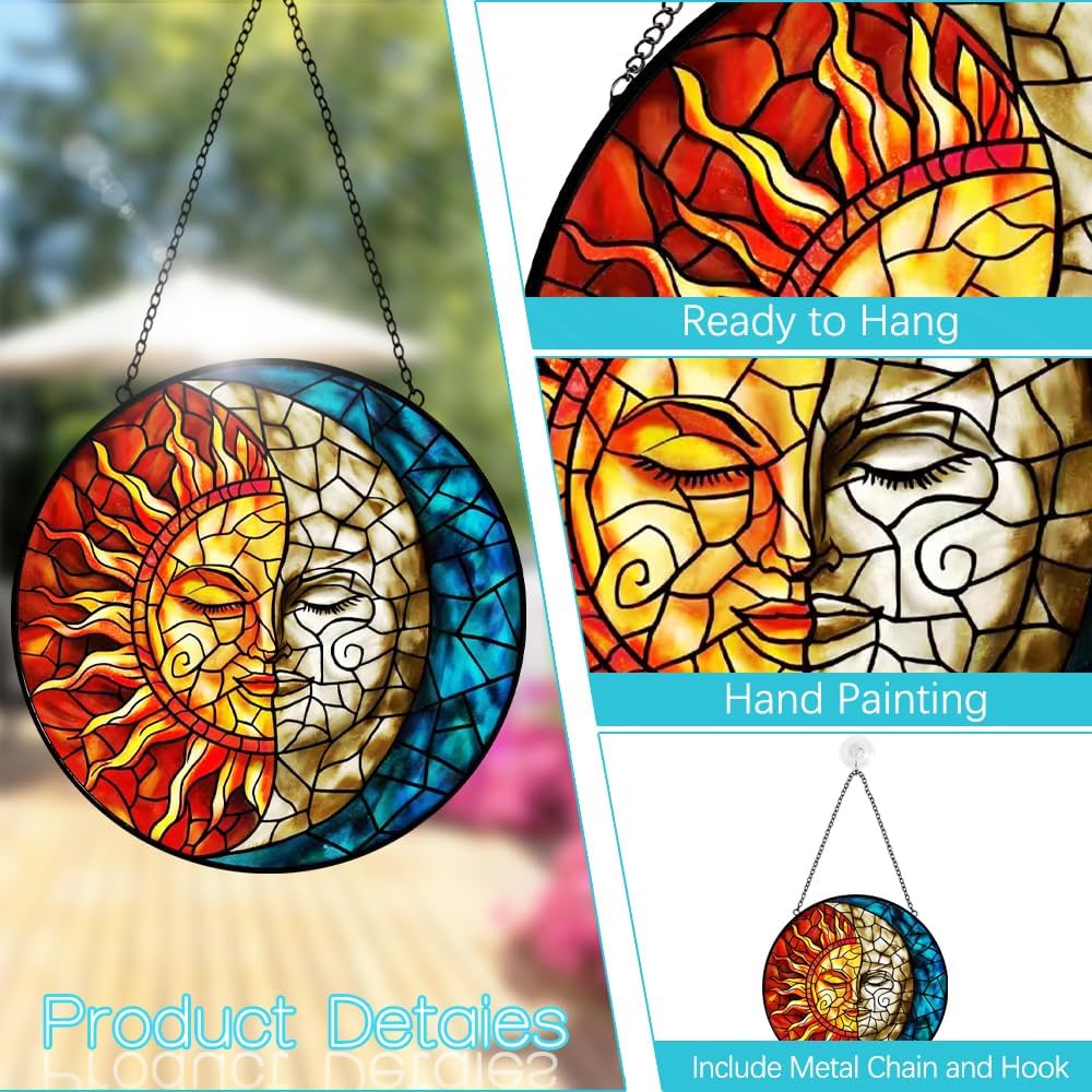 Halloween Decor Sun and Moon Suncatcher Stained Glass Window Hanging Handmade Colorful Suncatchers for Windows Hanging Celestial Sun Catchers Indoor Wall Decor Christmas Decorations for Home Garden