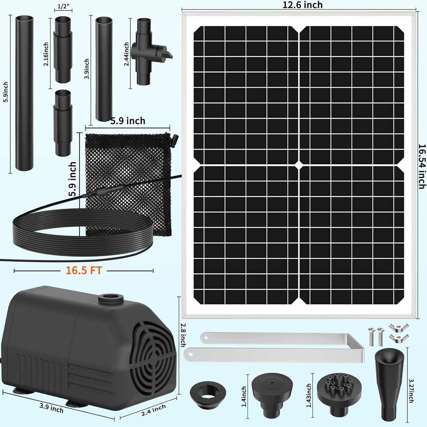 Solar Fountain Pump, 25W Solar Pond Pump 450GPH Solar Powered Water Fountain with 16.5Ft Extendable Power Cord, 4 Style Sprayers and Barrier Bag for Ponds, Water Features