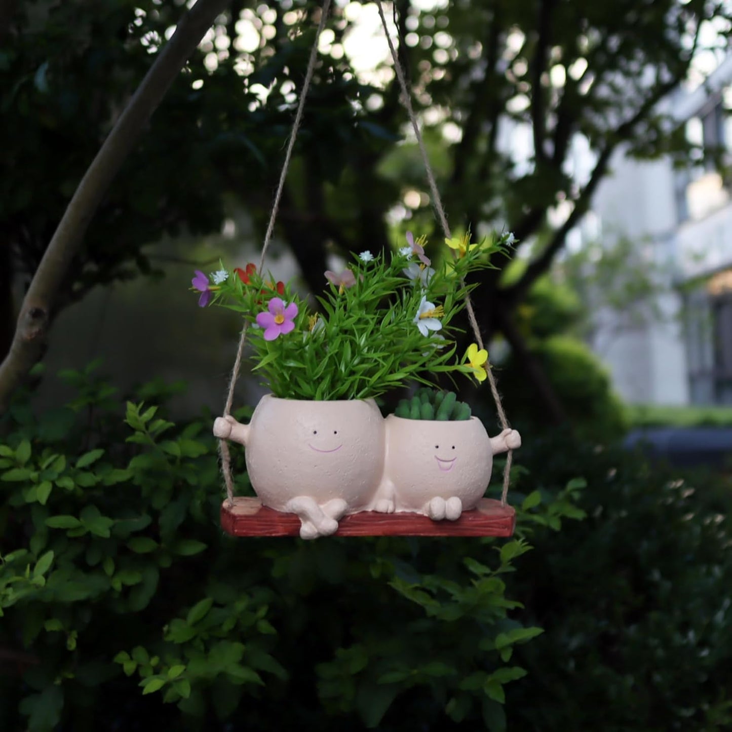 Hanging Planter Swinging Face Planters, Unique Head Flower Pots for Indoor Outdoor Plants, Cute Face Vase Funny Fence Wall Planter Succulent Pots