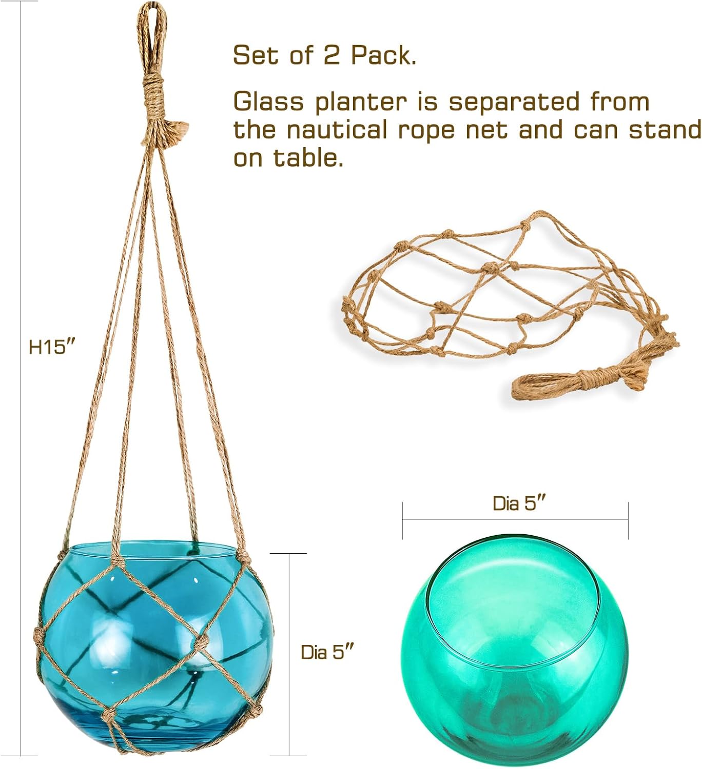 SAILINGSTORY Hanging Glass Plant Terrarium 5" Glass Planter Propagation Stations Flower Vase Blue and Teal Set of 2 Pack