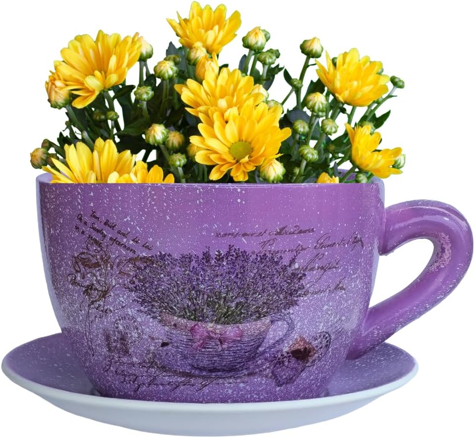 7.5” Round Ceramic Teacup Planter with Saucer – Purple Lavender Basket Design Pot for Succulents, Orchid, Herbs & Indoor/Outdoor Flowers for Birthday & Any Other Occasion