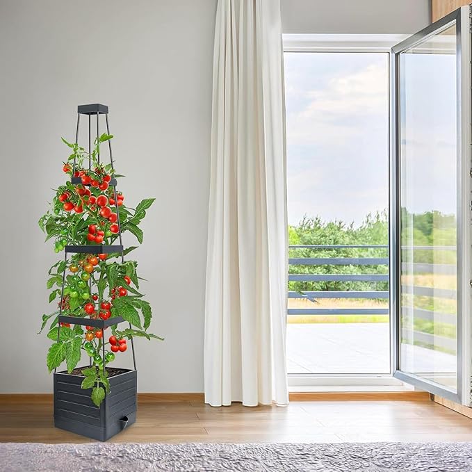 Raised Garden Bed Planter Box with Trellis, 58” Tomato Cage Planter Raised Garden Bed with Trellis for Climbing Vegetables Plants Tomato Cage w/Self-Watering, Indoor Outdoor Use (4)